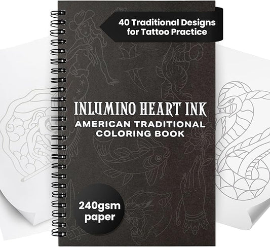 Inlumino Heart Ink Tattoo Practice Coloring Book: American Traditional – Spiral Bound Art Book with 40 Designs on 240 GSM Textured Pages – Use with Ballpoint Cartridges & Rotary Machines