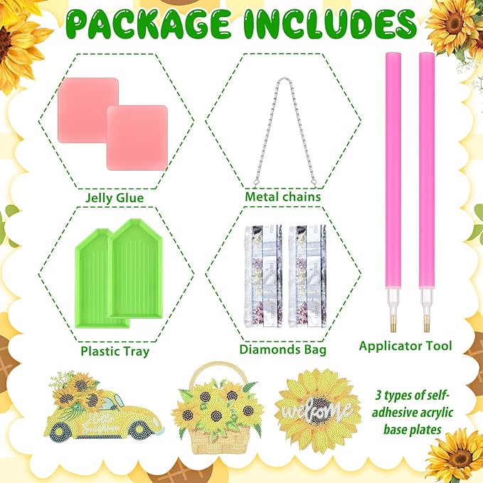 Menkxi 3 Pcs Sunflower Theme Diamond Hanging Kit for Adult DIY Sunflower Painting Diamond Art Flower Crystal Rhinestone Welcome Spring Door Sign Window Wall Hanging Kit Ornament Home Window Decor Gift