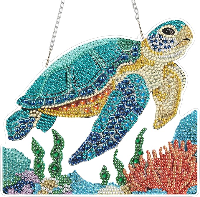 NEWENMO Hanging Diamond Art Kit for Adult, Sea Turtle, 5D Special Shaped Rhinestone Diamond Painting Ornament, Marine Animals, DIY Acrylic Diamond Art Painting Window Pendants Home Garden Wall Decor