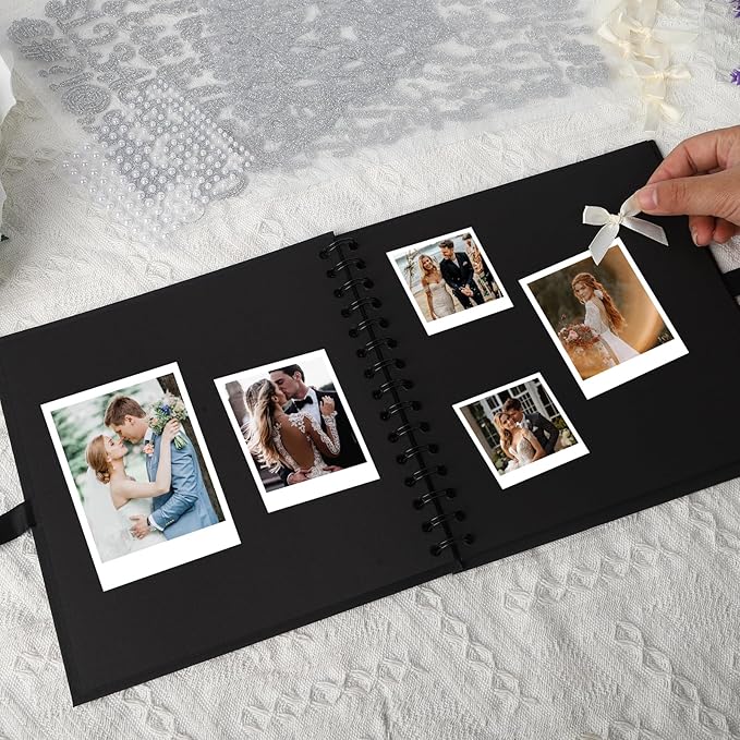 8 x 8 Inch Letters to The Bride Scrapbook Wedding Scrap Book Letters To The Bride Book Bridal DIY Blank Paper Scrapbook Photo Album with Pearl Stickers, Metallic Letters, Bows(Black)