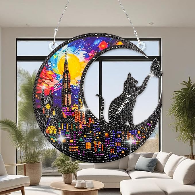 Diamond Art Hanging Kit for Adult, Diamond Painting Ornament Hanging Kit, Special Shaped Rhinestone,DIY Acrylic 5D Art Window Pendants Home Garden Wall Kits,Double Sided (Cat)