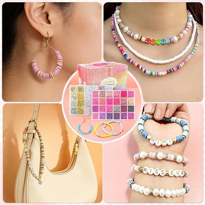 LINAYE 20000 PCS Clay Beads Kit with 120-Colors 6 Boxes Flat Preppy Polymer Heishi Beads with Pendant Charms Crafts Accessories, Friendship Bracelet Making Kit Crafts Supplies Kit Gift for Adults