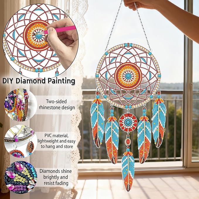 Diamond Dream Catchers Kit, Hanging Diamond Art, DIY Kit for Home Wall & Window Decor, Handmade Craft for Room Decoration (Waves)