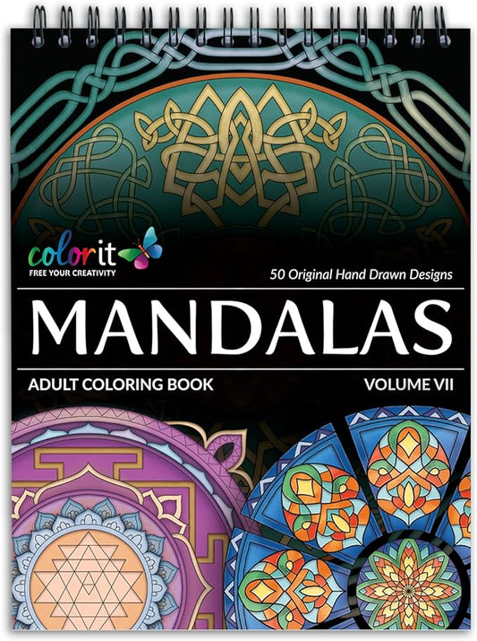 ColorIt Mandalas Volume VII Spiral Bound Adult Coloring Book with 50 Mandala Patterns for Relaxation and Stress Relief - Includes Perforated Pages, Thick Paper, Hardback Covers, and Blotter Page