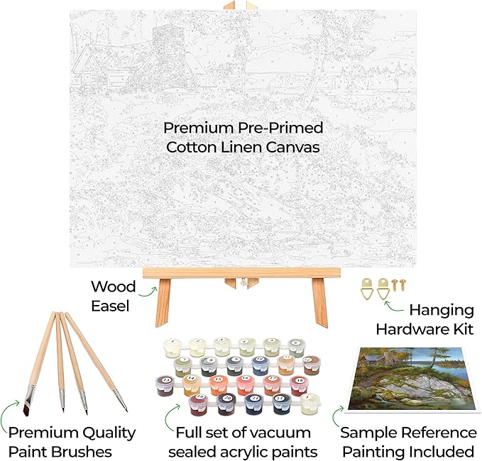 Ledgebay DIY Paint by Numbers Kit for Adults Framed Canvas Beginner to Advanced Paint by Numbers Kit Kits Include Acrylic Paint Set Brushes Tabletop Easel (Away from It All 12" x 16" Framed)