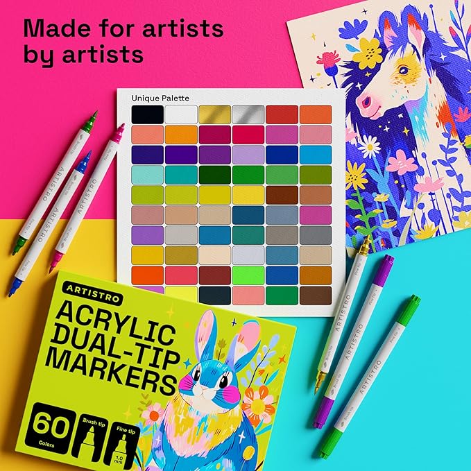 ARTISTRO 60 Acrylic Paint Markers - Paint Pens for Drawing, Brush + Fine Tips - For Fabric, Rock, Glass, Wood, DIY, Eggs - Art & Craft Supplies for Adults, Teens, Kids - Easter Basket Stuffers