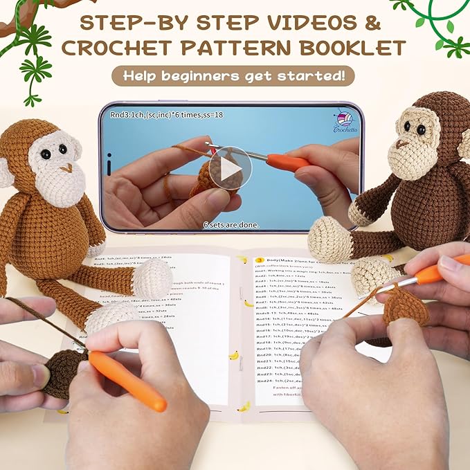Crochetta Crochet Kit for Beginners, Crochet Kits with Step-by-Step Video Tutorials, Learn to Crochet Animal Kit for Adults Kids, DIY Craft Knitting Supplies, Monkey Amigurumi Gift(40%+ Yarn)