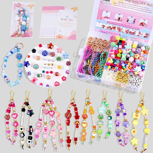 Wurosi 865 Pcs Bead Keychain Kit, DIY Bead Keychain Making Kit, Bag Charm Kit with Acrylic Heart Flower Alphabet Beads Key Chain Supplies for Jewerly Making Kit
