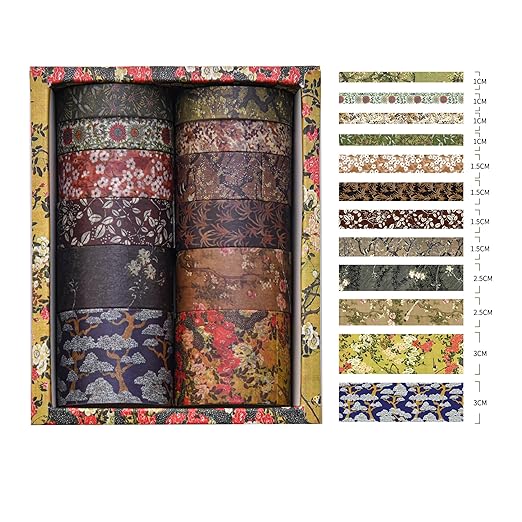 12 Rolls Chinoiserie Washi Tape Set Chinese Arts Adhesive Tapes Geometric Garden Decorative Masking Tape Sets for Craft, Kids, Scrapbook, DIY, Gift Wrapping (Serene Mountain Abode)