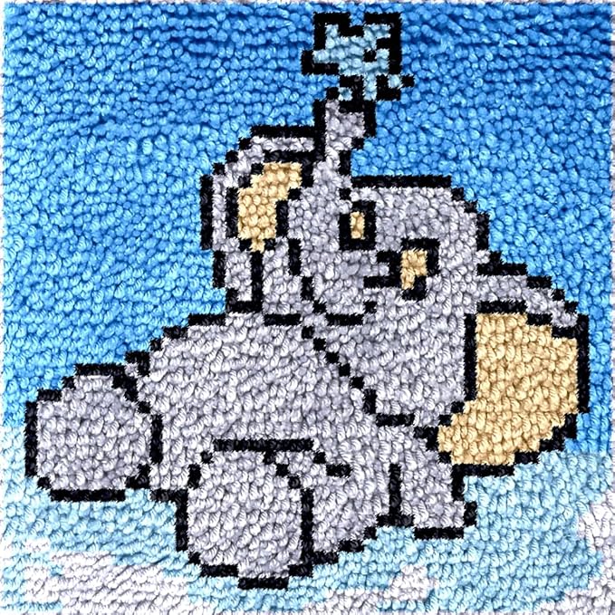 Yglnden Latch Hook Kits Rug Elephant Crochet Yarn Cushion Colour Pre-Printed Canvas Rug Needlework DIY Hook and Latch Kit Christmas Home Decoration 30x30cm/12 X12inch