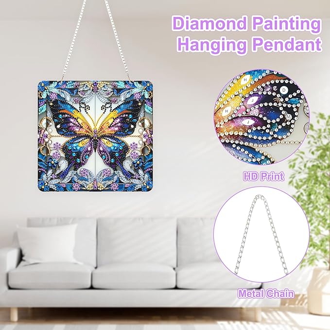 TOSTOG Diamond Art Hanging Kits for Adults, 5D Diamond Painting for Adults Square Window Pendant, Special Shape Diamonds DIY Butterfly Diamond Painting Hanging Pendant Kit for Wall Decor Gift