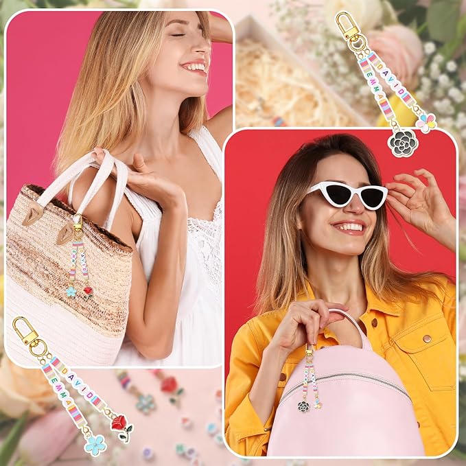 Tondiamo 2823 Pcs Bead Keychain DIY Craft Making Kit Bag Charms Key Ring Letters Beads String for Gift Jewelry Key Ring Backpack Accessories(Flower)