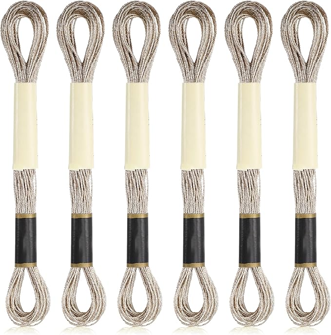 6 Skeins Metallic Embroidery Floss, Light Gold Embroidery Thread Cross-Stitch Threads for DIY Crafts