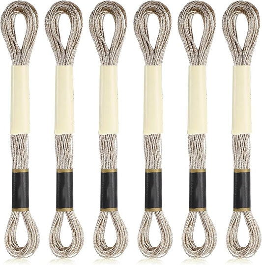6 Skeins Metallic Embroidery Floss, Light Gold Embroidery Thread Cross-Stitch Threads for DIY Crafts