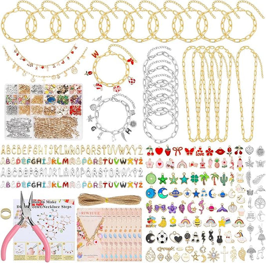 Riwiuue 590 Pieces Charm Bracelet Making Kit - Includes Gold Paperclip Chain Bracelet, Charms, Jump Rings & Tools, Ideal for DIY Jewelry Making, Beginner, Teen and Adult Gifts
