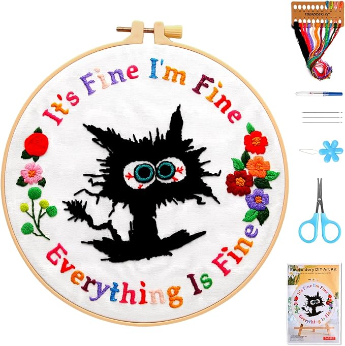 haootadiy beginner embroidery kit for adults, easy cross stitch kit for beginners and adults, full embroidery hoop kit with needles and thread included (pattern 1)