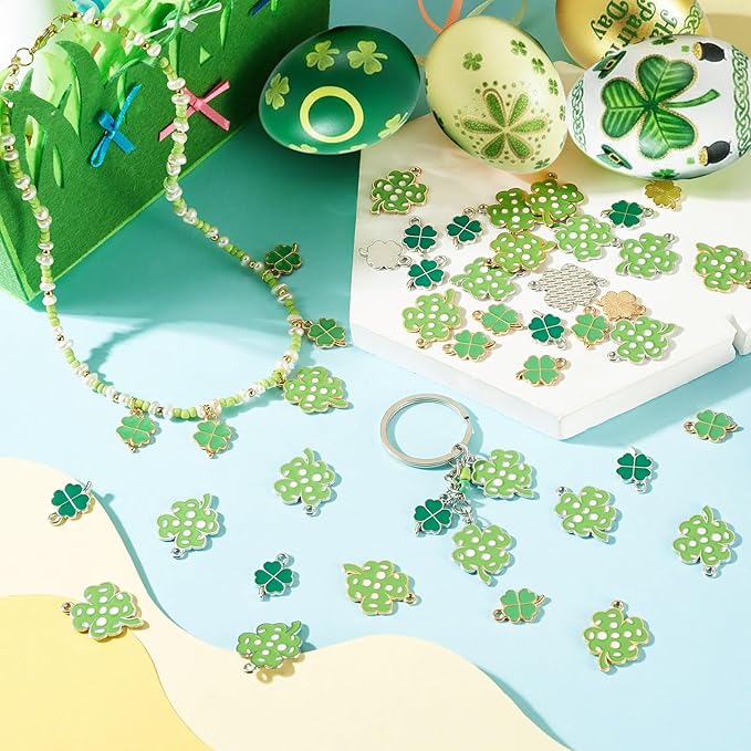 Cheriswelry 60Pcs Green Clover Charms Shamrock Four Leaf Lucky Pendants St. Patrick's Day Enamel Alloy Pendants 18-26mm for DIY Necklace Bracelet Earring Jewelry Crafts