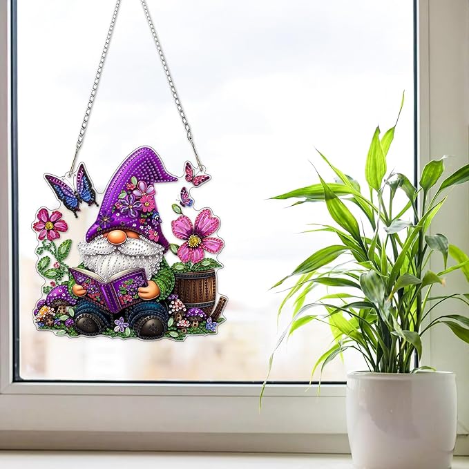 NAIMOER Diamond Art Hanging Kits for Adults, Gnome Flower Diamond Art Suncatchers, 5D Special Shape Fall Diamond Painting Pendant Window Ornament Gifts for Home Garden Door Wall Decor