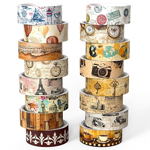 Vintage Washi Tape Set, 16 Rolls, Multicolored, 3m x 15mm, Travel Themed Designs, Ideal for Scrapbooking, Journaling, Gift Wrapping