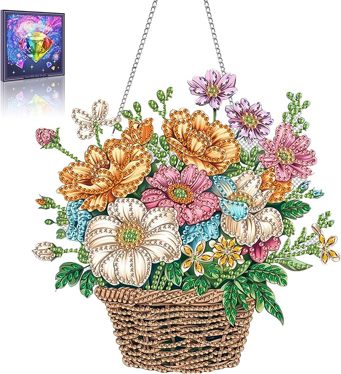 Wergund 5D DIY Flower Basket Diamond Art Hanging Kits, Hanging Diamond Art Flower, Acrylic Special Shaped Rhinestone, Window Hanging Pendants for Home Wall Garden Front Door Outdoor Decor Gift
