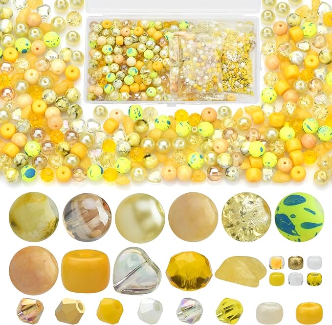 Rired 27 Yellow Glass Beads for Bracelet kit, 900pcs Crystal Beads for Jewelry Making Include 8mm Round Assorted Beads with Bicone/and Seed Beads for Craft, Necklace, Earring and Phone Chain