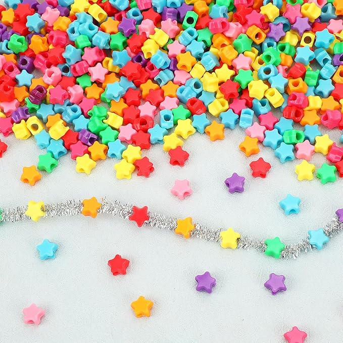 UPINS 1200 Pcs Star Pony Beads, Star Shape Spacer Beads Rainbow Beads Bulk Large Hole for Birthday 4th of July Pride Party Decorate Friendship Bracelets Hair Beads Crafts