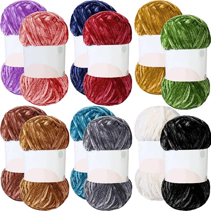 Xinnun 12 Skeins 1116 Yards Chenille Velvet Soft Thick Plush Yarn Bulk for Crocheting Knitting Blanket DIY Weaving Craft, 6mm, 3.5 Oz/Skein(Elegant Color)