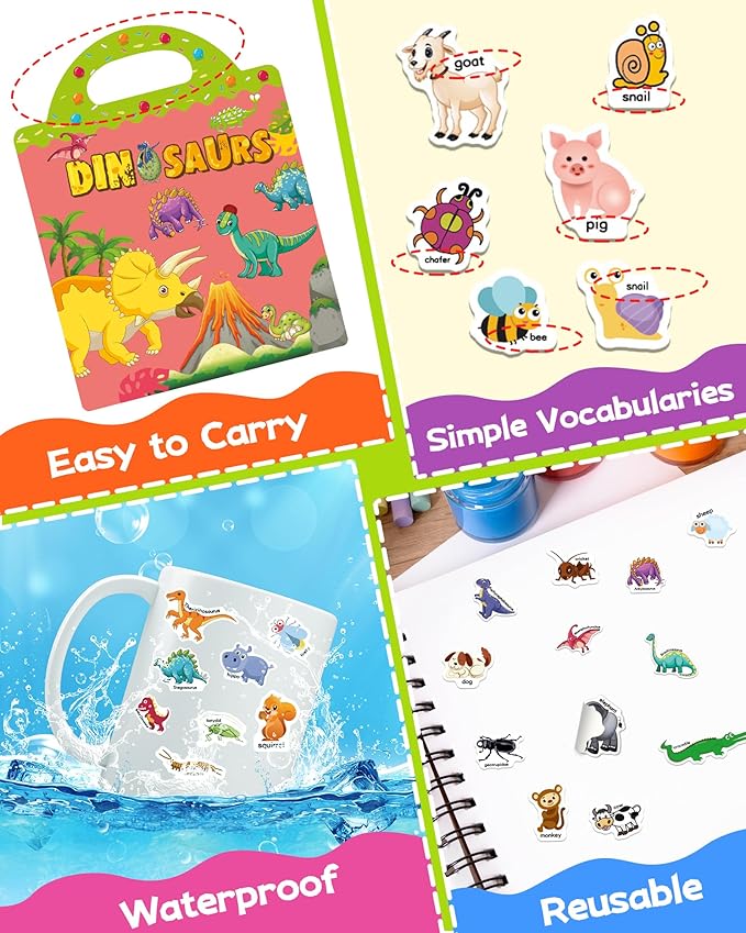 benresive reusable sticker books for kids, sticker books for toddlers, toddler travel toys activities crafts ages 3 and up birthday gifts - animals, dinosaurs and insect