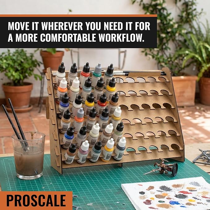 Wall Paint Rack Organizer for Miniatures & Modeling, Vertical Paint Stand with 26mm Dropper Holes + Top Brush/Tool Holder, Compatible with Vallejo, Army Painter, AK (26mm)