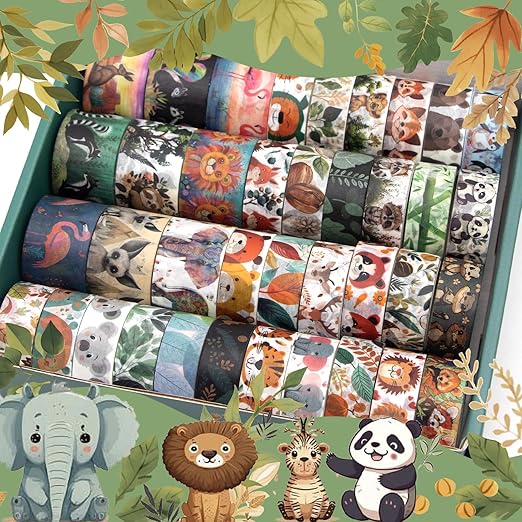 wapetashi cute washi tape set, 38 rolls animals washi tapes for journaling supplies, 25mm & 15mm wide kawaii tape for scrapbooking, planners, diy crafts, gift for kids