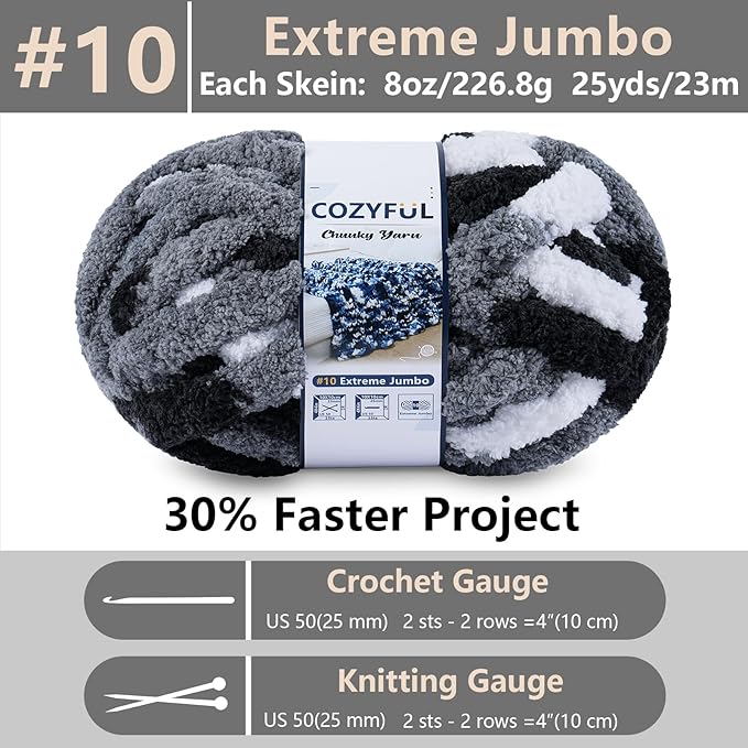 Chunky Yarn for Hand Knitting - #10 Chunky Chenille Blanket Yarn, Jumbo Big Thick Chunky Yarns for Crocheting, Tie Dye Bulky Knit Yarns, 8 Skein (25 yds 8 oz Each Skein), Black & Grey & White