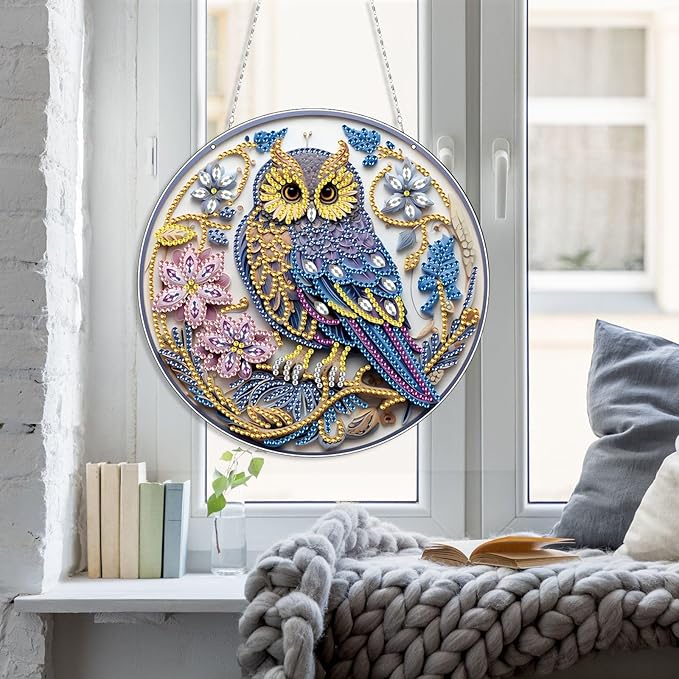 Generic DIY Hanging Diamond Pendant Special Shaped Crystal Diamond Art Painting Ornament Single Sided for Window Home Garden Wall Door Decor-Owl