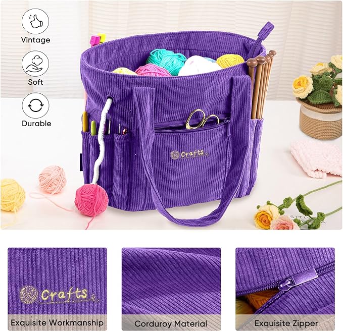 Crochet Bag and Tote - Corduroy Yarn Bag - Yarn Holder for Crocheting - Crochet Storage Bag for Crochet Hooks, Crochet Accessories, Knitting Bag for Crochet Lovers, Mother's Day Gift