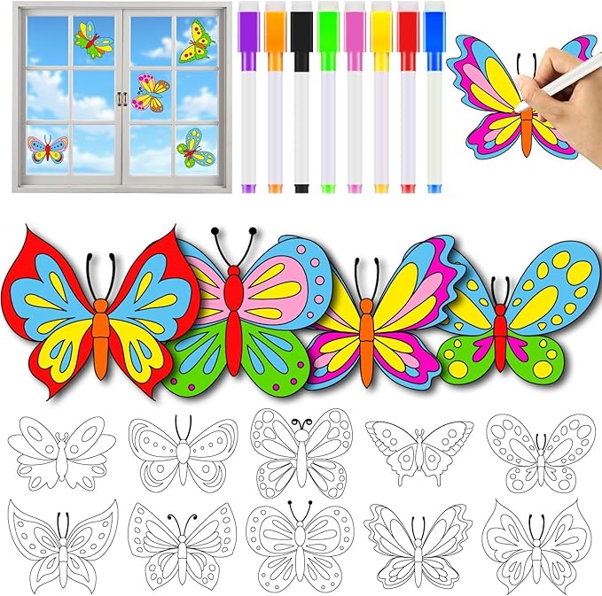 Qyeahkj 30 Pack Spring Butterfly Crafts for Window Suncatchers Crafts Kit DIY Spring Coloring Arts Crafts Window Clings Stickers with 8 Markers Hobby Gifts for Home Decorations