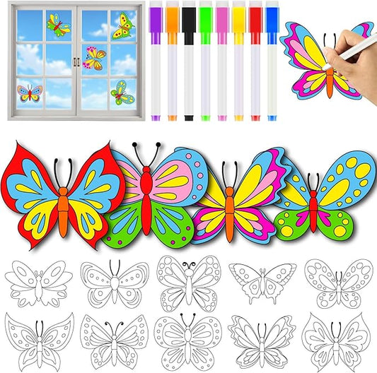 Qyeahkj 30 Pack Spring Butterfly Crafts for Window Suncatchers Crafts Kit DIY Spring Coloring Arts Crafts Window Clings Stickers with 8 Markers Hobby Gifts for Home Decorations