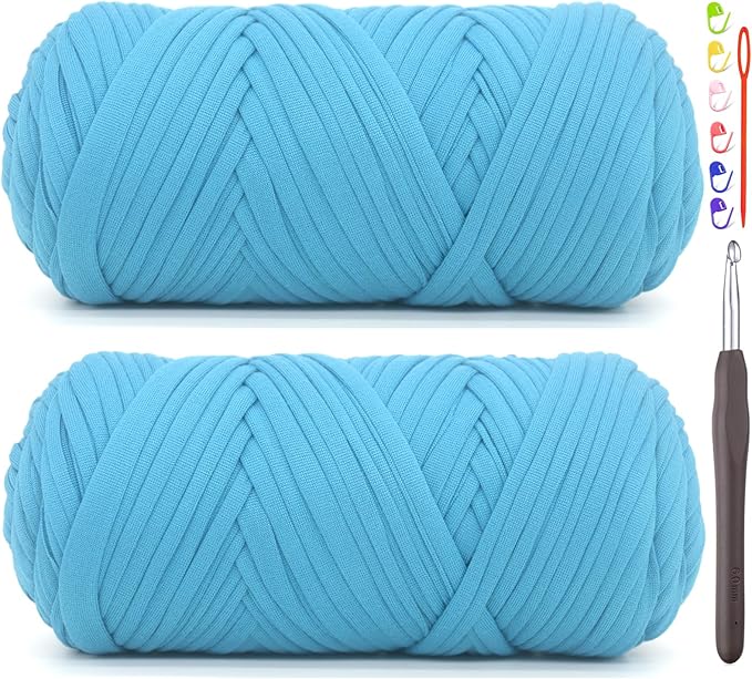 2 Pack Tshirt Yarn for Crocheting,Lake Blue T Shirt Chunky Elastic Fabric Thick T-Shirt Crochet Yarn for Beginners Crocheting Hand Knitting Bag/Basket/Coasters/DIY Crafts/Home Decor 2*200G(Lake Blue）
