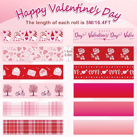 Whaline 12 Rolls Valentine Washi Tape Red Pink Heart Gnome Love Masking Tape for Wedding Scrapbook DIY Craft Gift Wrapping, 0.6" x 16.4ft