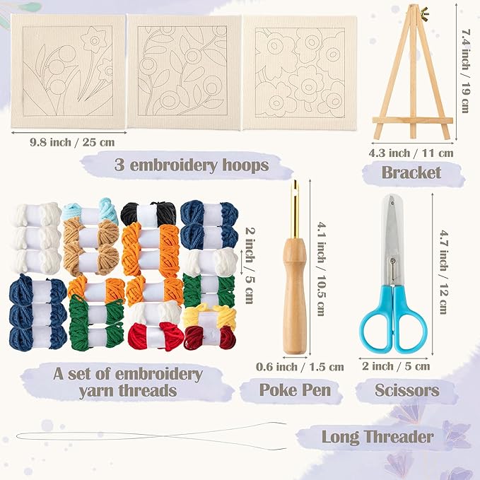 WATINC Punch Needle Kit with Frame for Beginners - 8Pcs Floral Easy Art Work Decor Craft Supply for Beginners, DIY Set of 3Flower Pattern Tufted Rug Pads with Adhesive Felt Yarns Embroidery, Tools Instruction for Adult Christmas Birthday Gift Supplies