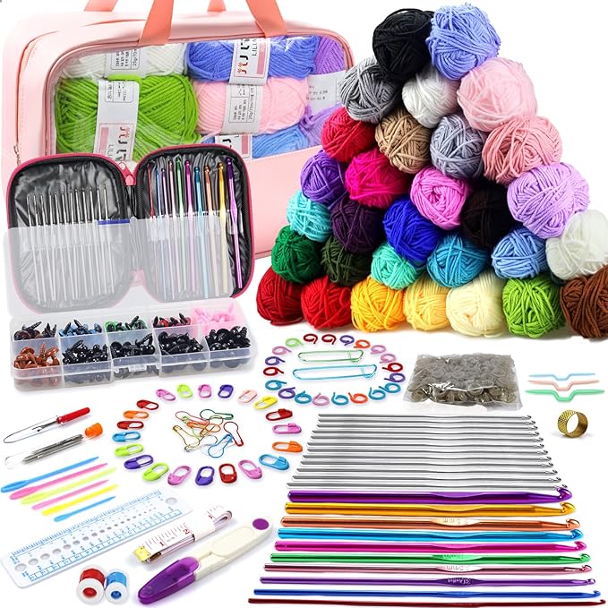 Crochet Kit for Beginners, 336Pcs Crochet Kits with 1500 Yards 30 Colors Yarn for Crocheting, 100Pcs Safety Eyes and Noses, knitting kit Accessories Include 30Pcs Crochet Hooks Waterproof Bag