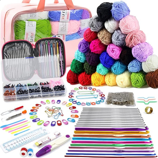 Crochet Kit for Beginners, 336Pcs Crochet Kits with 1500 Yards 30 Colors Yarn for Crocheting, 100Pcs Safety Eyes and Noses, knitting kit Accessories Include 30Pcs Crochet Hooks Waterproof Bag