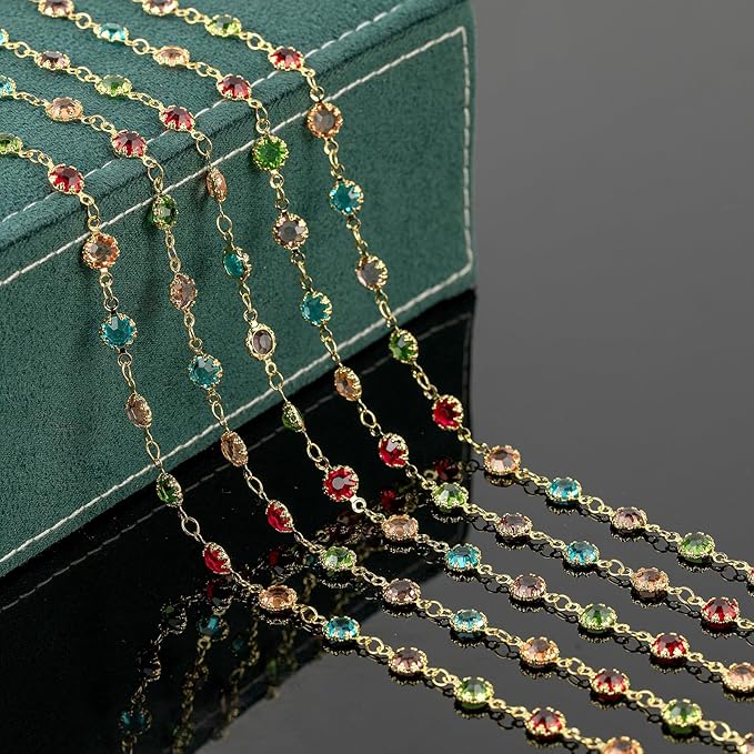 UMAOKANG Colorful Crystal Jewelry Chains Bulk 18K Gold Plated Brass Chain for Jewelry Making Women Necklace Bracelet DIY Craft Chain Roll