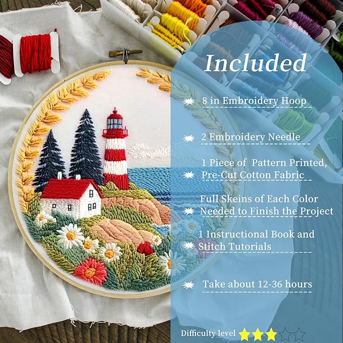 FONNUY Embroidery Kit for Beginners, Lighthouse Landscape Flowers Pre-Stamped Pattern Kits for Adults with Hoop, Easy to Follow Color Thread Needlework, 8'' Hoop (Daisy)