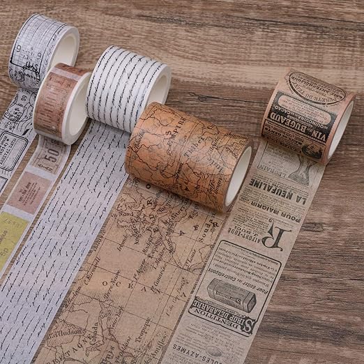 Knaid Vintage Washi Tape Set, Assorted 5 Rolls of Decorative Colored Masking Tapes for Scrapbooking, DIY Decor and Crafts, Bullet Journals, Planners, Junk Journal, Gift Wrapping