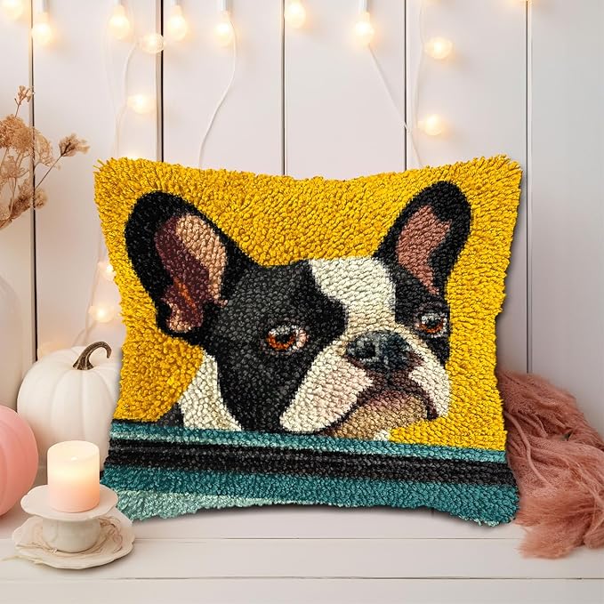 DIY Latch Hook Pillow Kits for Adults Cute Boston Terrier Dog in Car Printed Pillowcase Crochet Yarns Hooking Handmade Pillow Cover Cushion for Home Sofa Decoration 17x17inch(3)
