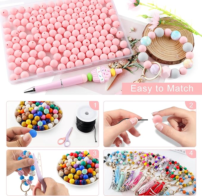 160Pcs 12mm Silicone Beads for Keychain Making Bracelet Necklace, Bulk Round Silicone Beads for Pens(Candy Pink)