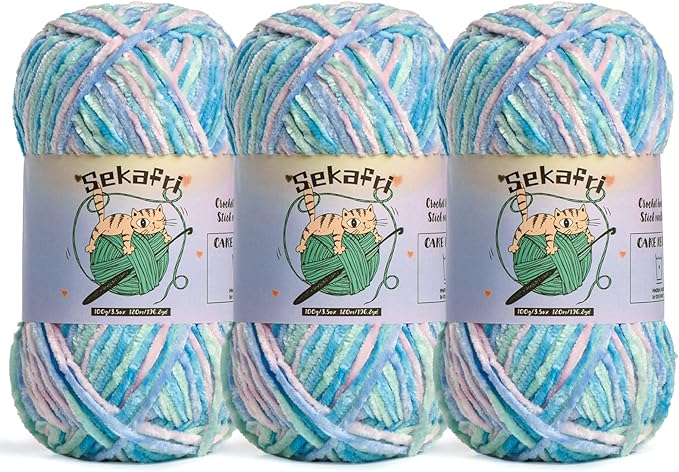 3 Pack of 300g (590yds) Fuzzy Chenille Yarn for Crocheting,Fluffy Amigurumi Crochet Yarn for DIY Craft/Hat/Clothes, Soft Velvet Baby Blanket Yarn（3 Candyfloss）
