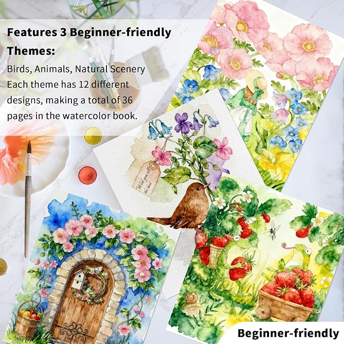 Kalysky 8.5 * 11" Watercolor Workbook,3 Watercolor Coloring Books for Adults, Beginner-Friendly Water Color Books,160GSM Cold Press Textured Thick Paper