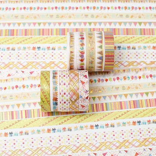 YUBBAEX 10 Rolls Sparkling Washi Tape Set 8mm Skinny Gold Foil Decorative Masking Washi Tapes for Bullet Journal,Scrapbook, Planner, DIY Crafts (Party Elements)