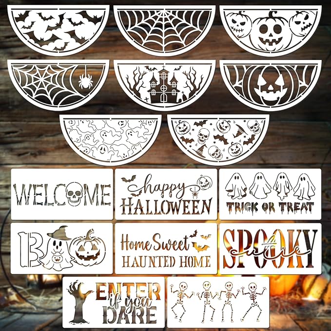 16 Pcs Halloween Stencils for Paintng on Wood Welcome Ghost Bat Trick or Treat Stencil for Aduts & Kids Spooky Boo DIY Crafts Kit Templates for Plain Door Hanger Door Mats Supplies