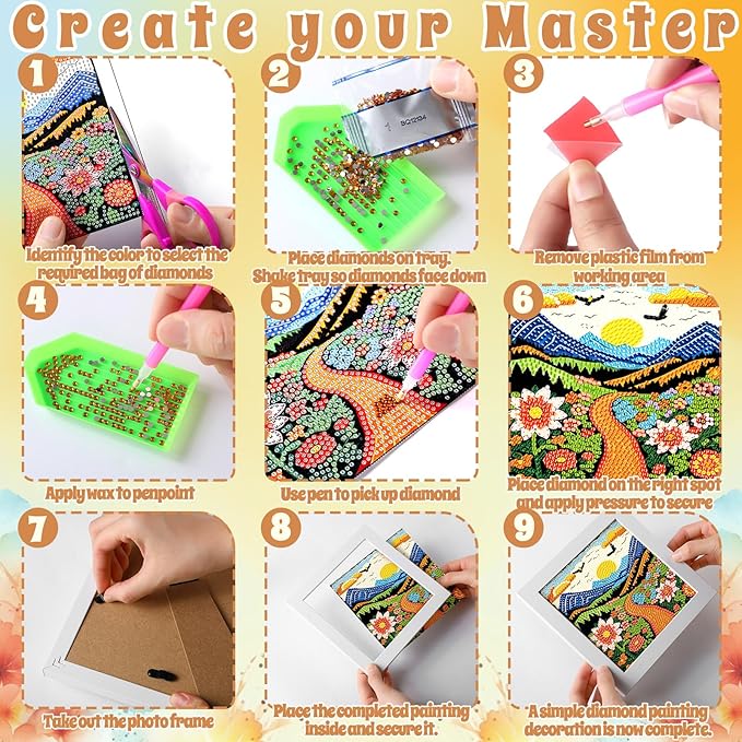 Geyoga 4 Pcs Boho Diamond Painting Kits with Frame Adults Sun and Moon Diamond Art Kits for Adults Beginner Kids Landscape Arts and Crafts Abstract Rhinestone Gem Art Table Decor Gift 7x7inch